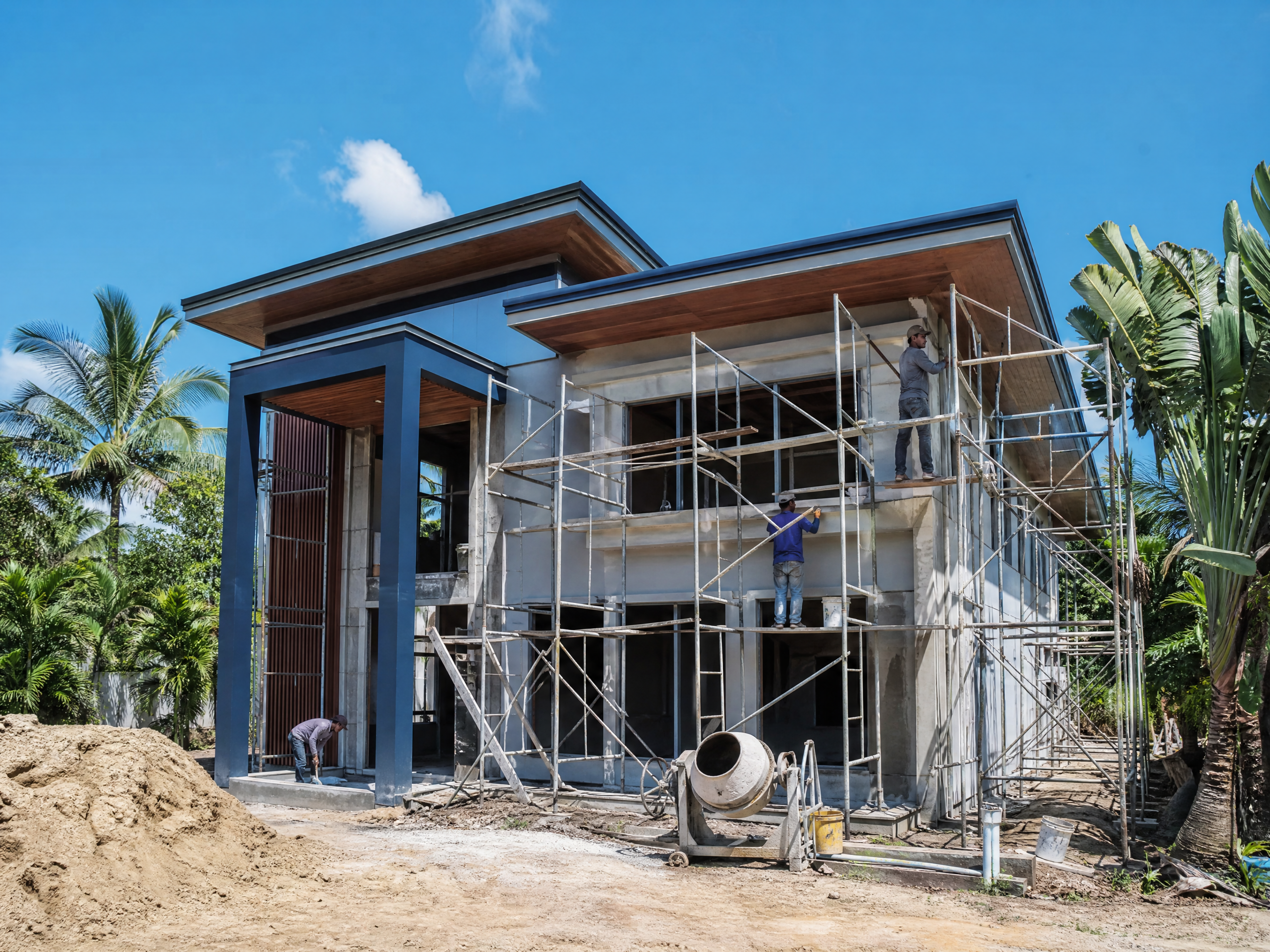 Casa en construcción con andamios en un entorno tropical