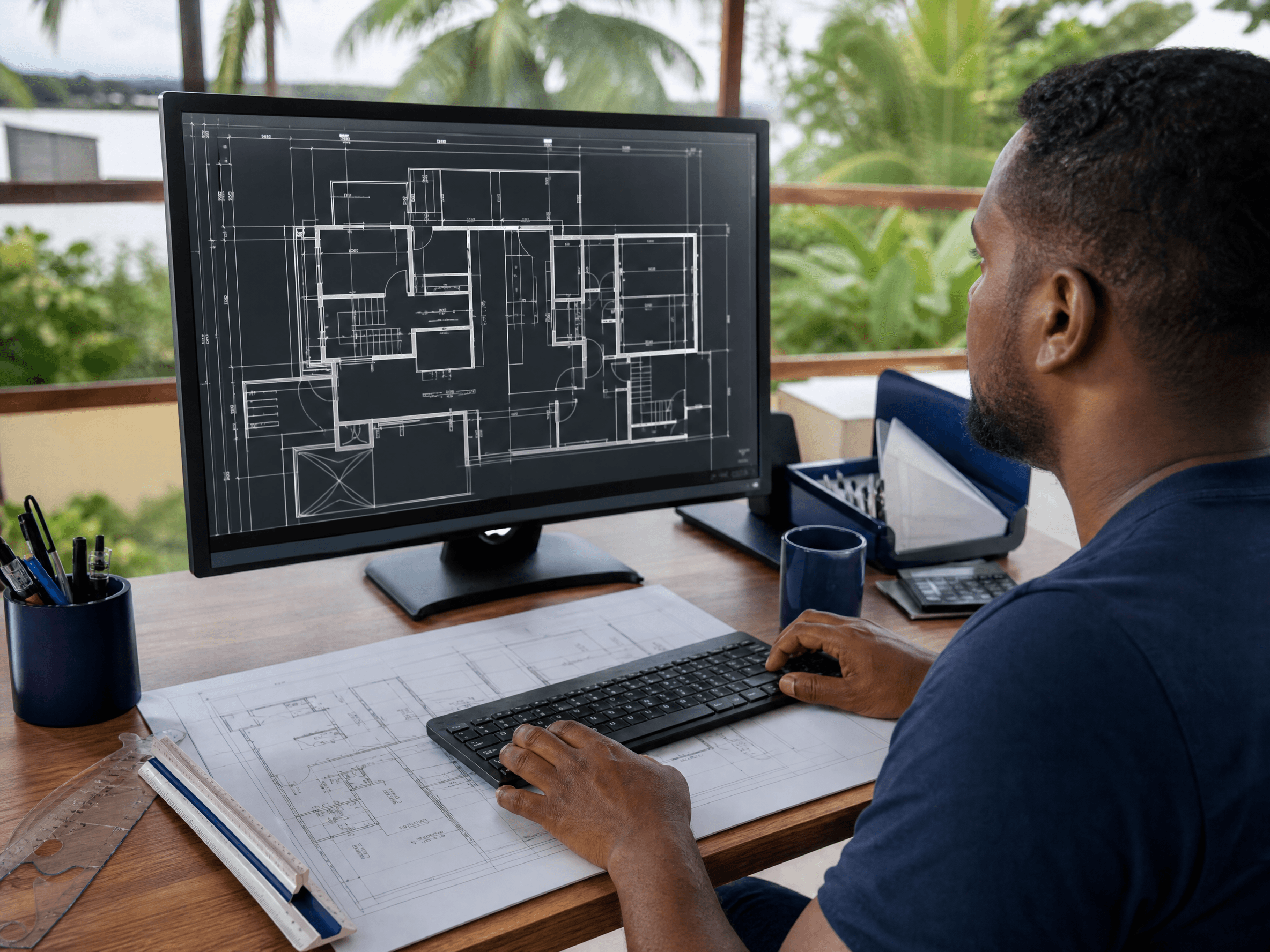 Diseñador técnico elaborando planos CAD 2D en un escritorio