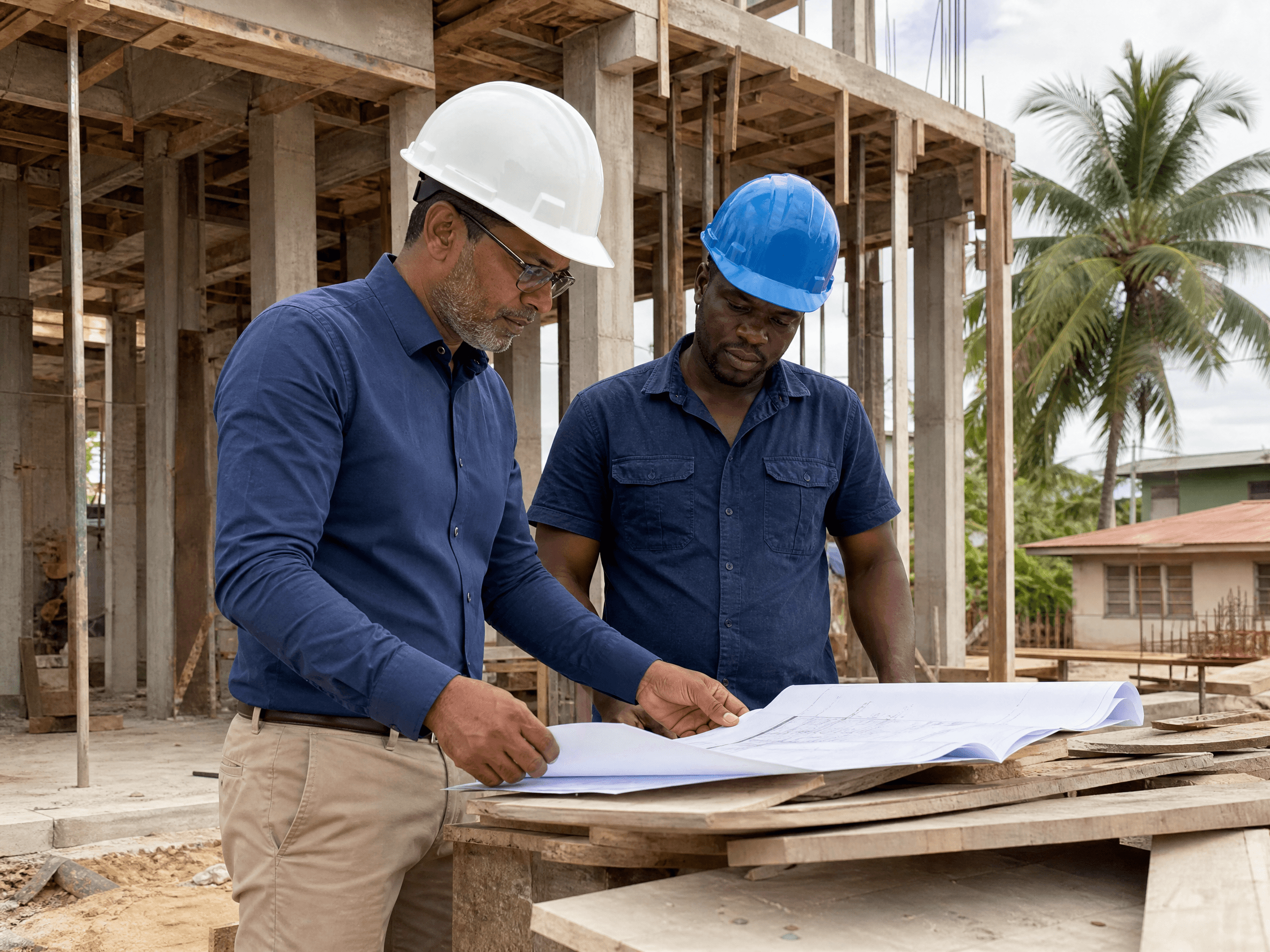 Arquitecto y contratista revisando planos en una obra en Surinam